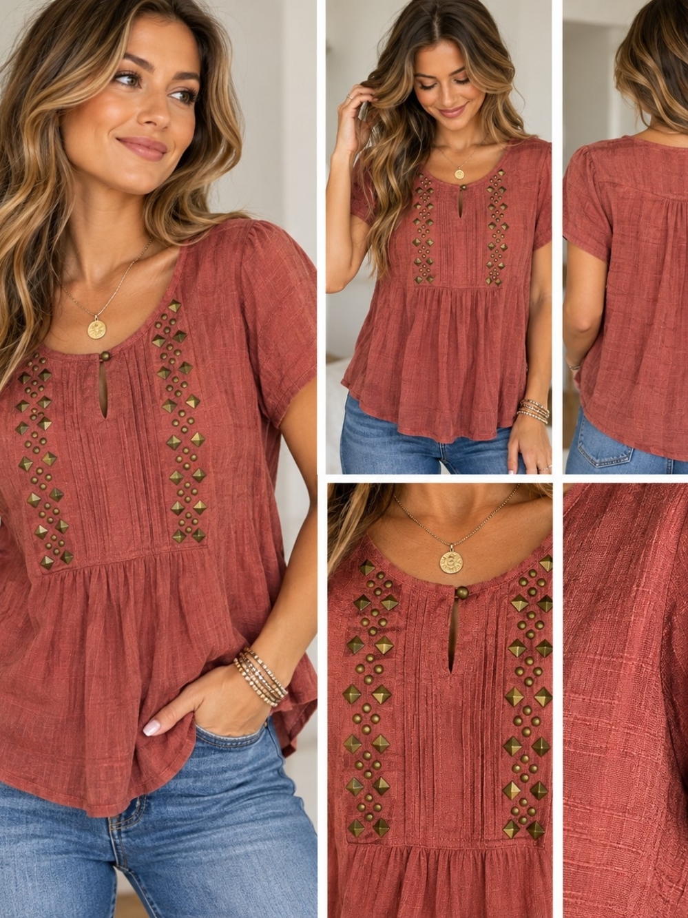 Christopher & Banks L Rust Studded Boho Peasant Tunic Top
